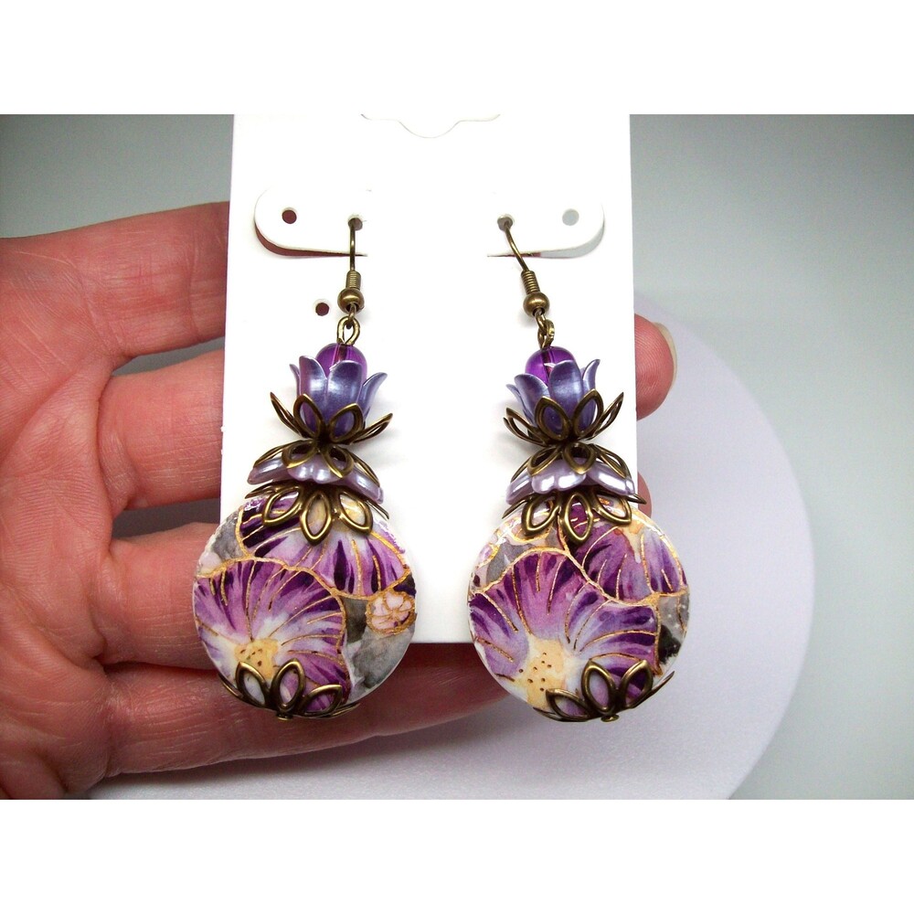 Vintage Style Decoupage Drop Earrings, Art Nouveau, Handmade Floral Jewelry